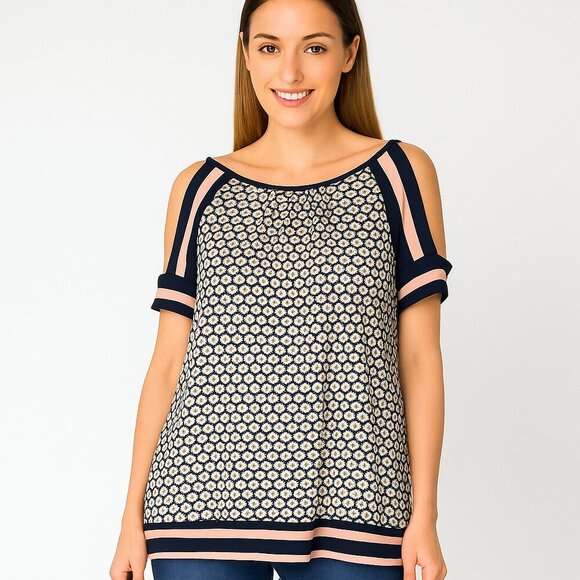 2/$30 Max Studio Geometric Print Cold Shoulder Raglan Top S #9926 - Picture 1 of 7